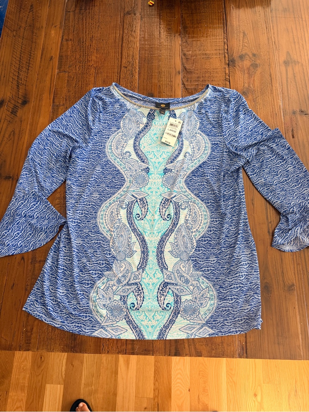 JM Collection Blue Paisley-Panel large Long Sleeve Tee